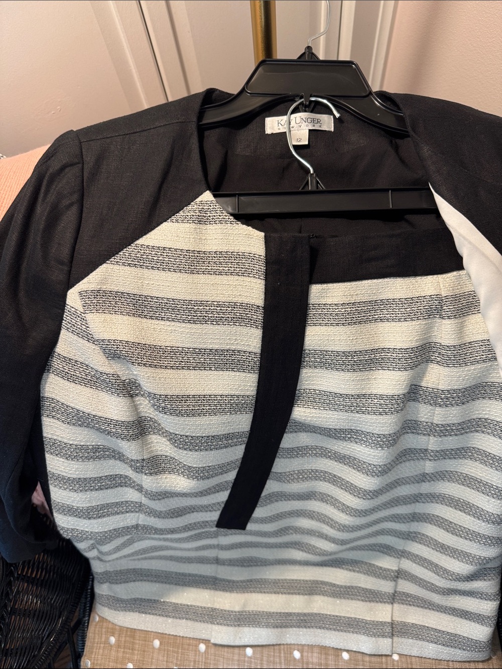 Kay Unger Black and White Striped Linen Women’s Suit with Cropped Jacket